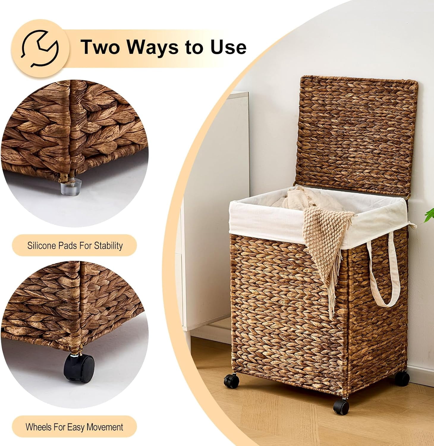 Rolling Natural Water Hyacinth Laundry Hamper with Removable Liner, 100L Capacity, Espresso