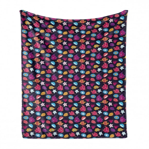 Underwater Soft Flannel Fleece Throw Blanket, Nursery Style Cartoon Aquarium Animals Swimming Fish Exotic Ocean Wildlife, Cozy Plush for Indoor and Outdoor Use, 60" x 80", Multicolor, by Ambesonne