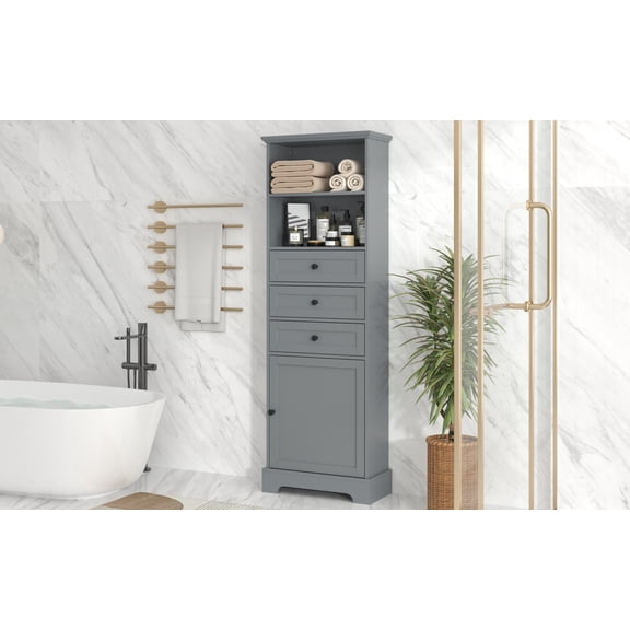 Gray Tall Storage Cabinet with 3 Drawers & Adjustable Shelves | MDF, 22"W x 10"D x 67"H | Modern Home Organization for Bathroom, Study, Office