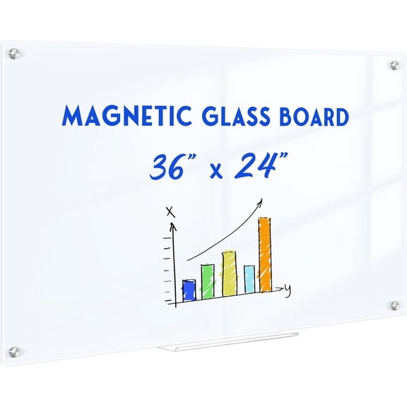Magnetic Glass Whiteboard, 36" x 24" Glass Dry Erase Board for Wall, Large Frameless White Board with 1 Marker Tray and 3 Magnets for Office, Home, Classroom - Ultra White
