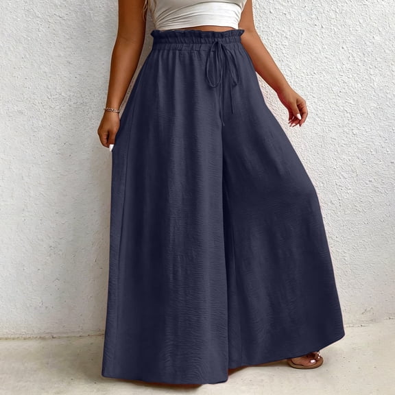 Oiangi Plus Size Wide Leg Pants for Women Ruffled Elastic Waist Palazzo Pant Casual Flowy Drawstring Basic Trousers for Travel Navy 2XL