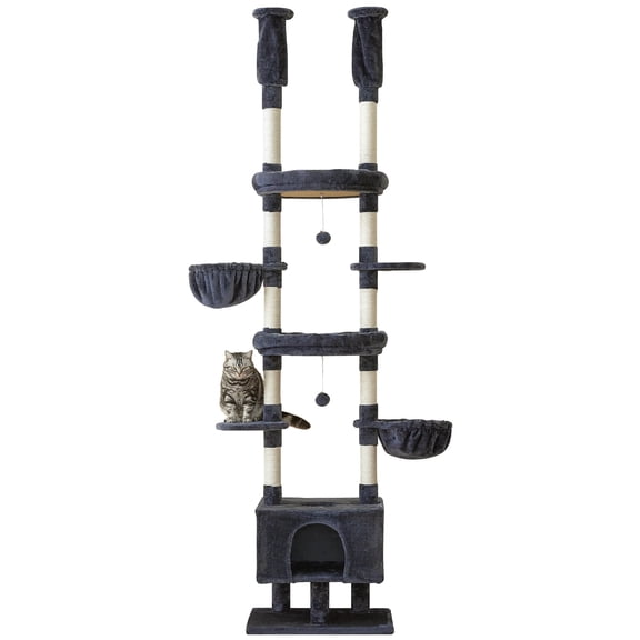 Furcato Cat Tree, Floor to Ceiling Cat Tower Adjustable Height [92.9-102.4in=235-258cm], 7 Tiers Cat Climbing Play House, Smoky Grey