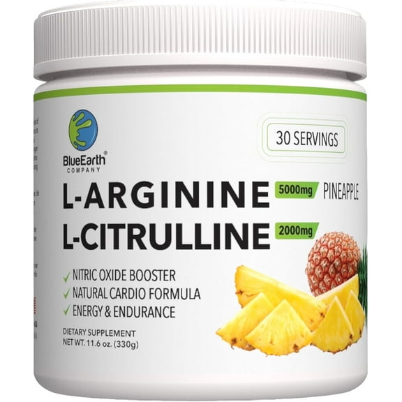 BlueEarth Company L-Arginine 5000mg, L-Citrulline 2000mg Supplement Powder, Nitric Oxide, Blood Pressure Support, Heart Health, Cardiovascular, Pineapple 30 Servings
