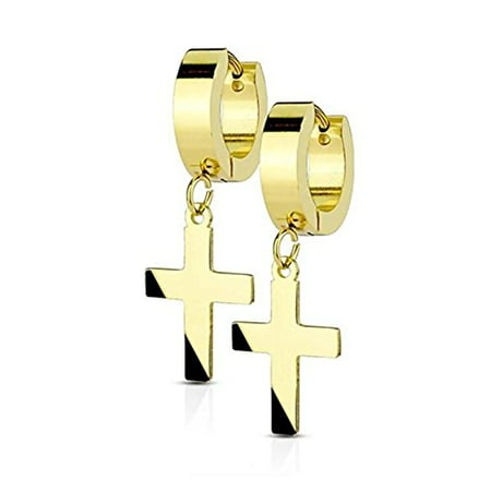 14MM Hoop Earrings Surgical Stainless Steel Rhodium Plated Earrings For Men Women Huggie Hypoallergenic Cross Dangle Hinged Hoop Earrings (Yellow
