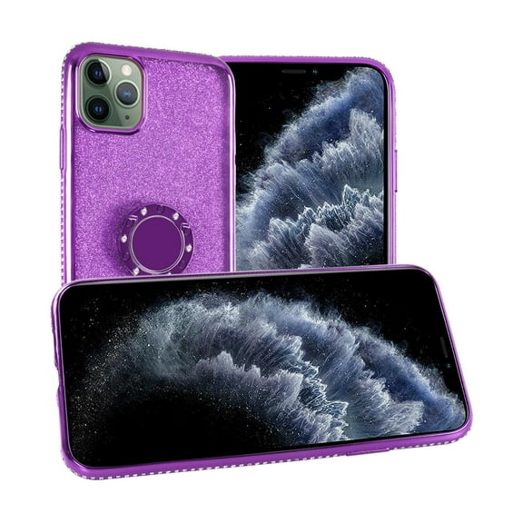 Goldcherry For iPhone 11 Pro Cute Case,Glitter Bling Diamond Rhinestone Bumper with Ring Grip Kickstand Protective Thin Girly Gold iPhone 11 Pro Case for Women Girl 5.8 inch 2019(Purple)
