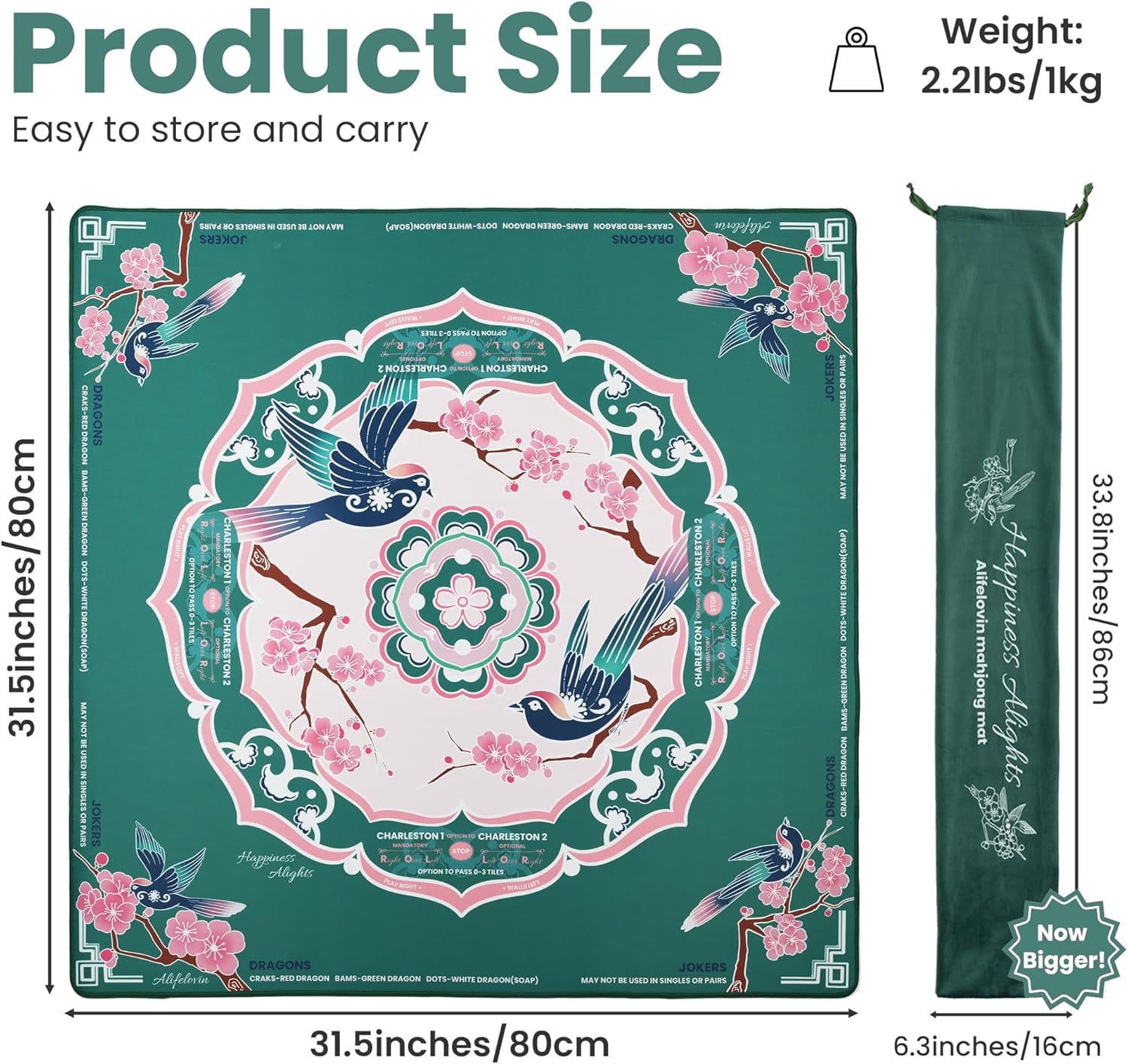Designer Mahjong Mat - American Mah jongg Mat for Table 31.5x31.5 Inch Non-Slip Noise Reduction Mahjong Mat with Rules, Portable Gaming Mat for Poker, Tiles & Dominoes (Happiness Alights-Bird)
