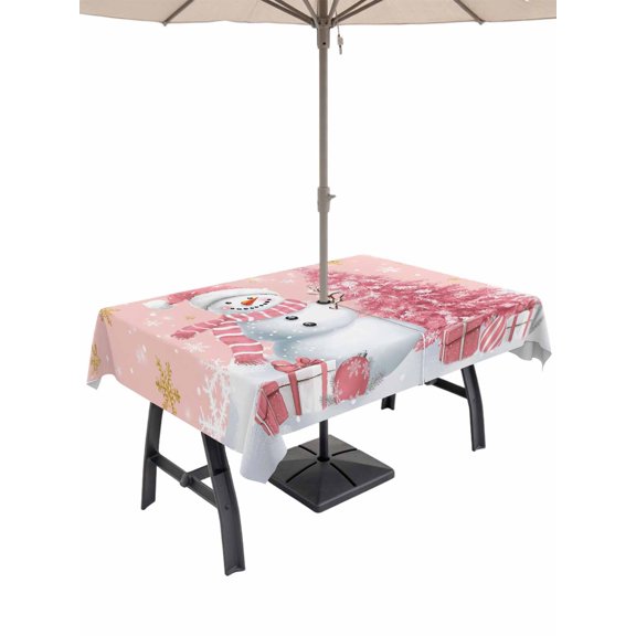 Outdoor Tablecloth with Umbrella Hole and Zipper, Pink Christmas Rectangle Table Cloth 54x80 Inch Waterproof Tablecloth, Snowman Snowflake Gifts Xmas Tree Picnic Table Cover for Patio Camping
