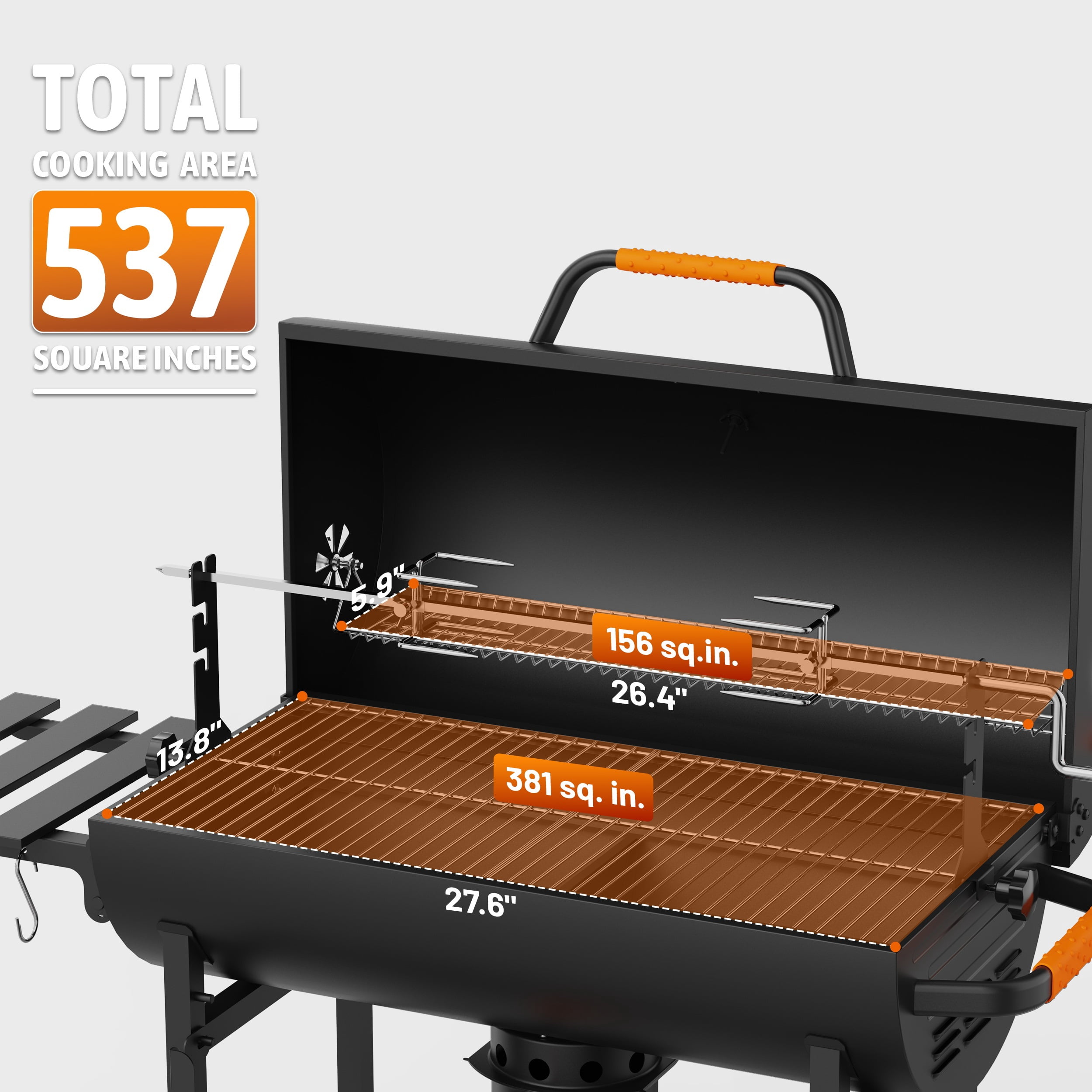 KEYO GRILL Large  Charcoal Grill with Foldable Table, Rotisserie & Dual-Zone Charcoal Pans, Black