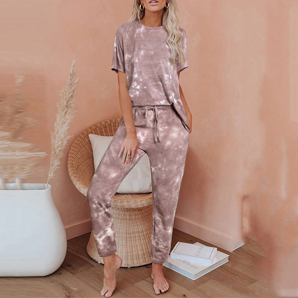 Leutsin Women's twopiece solid color clothing 2Pcs Women TieDye Sweatsuit Set Short Sleeve Top