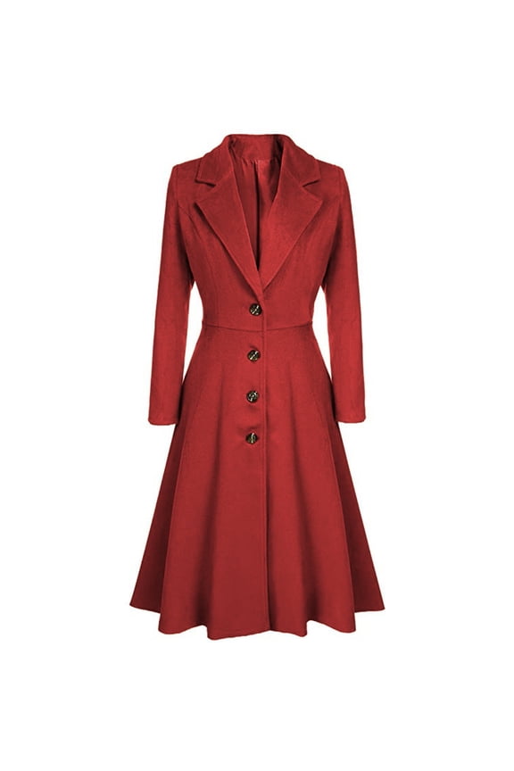 Women's Winter Warm Wool Dress Overcoat Notch Lapel Single Breasted Coat Elegant Lapel Long Trench Coat Jacket Wine XL