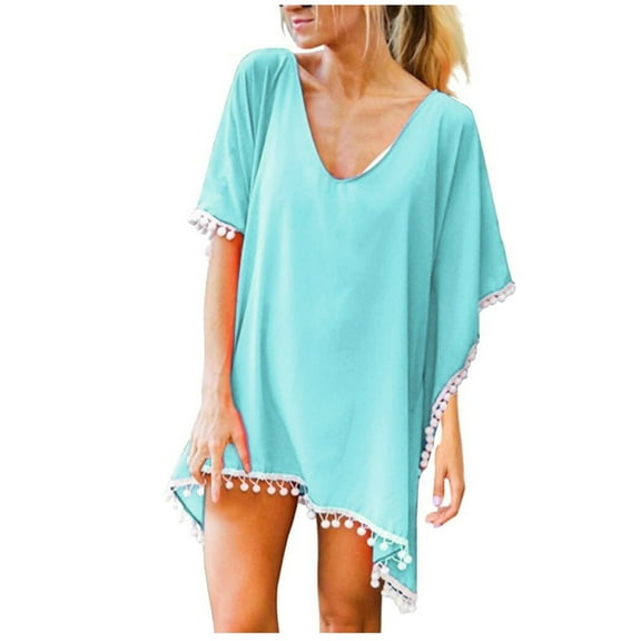 Kilaqueen Swimsuit Coverup for Women Chiffon Tassel Short Sleeve V Neck Beach Coverups Solid Color Casual Tunic Tops