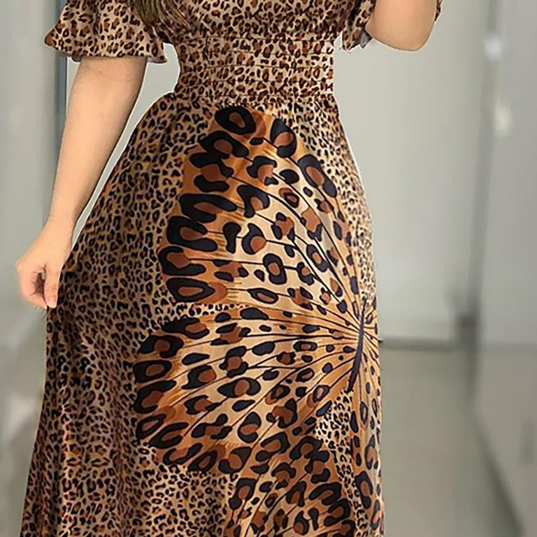 Fesfesfes Summer Dresses for Womens Leopard Print Off Shoulder Boho Dress  Strapless Ruffle Short Sleeve Beach Casual Long Dress - Walmart.com