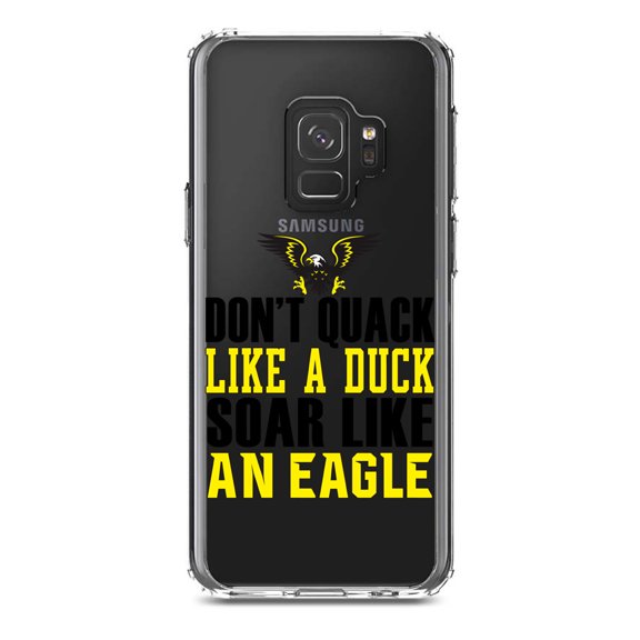DistinctInk Clear Shockproof Hybrid Case for Samsung Galaxy S9 (5.8" Screen) - TPU Bumper Acrylic Back Tempered Glass Screen Protector - Don't Quack Like Duck, Soar Like Eagle