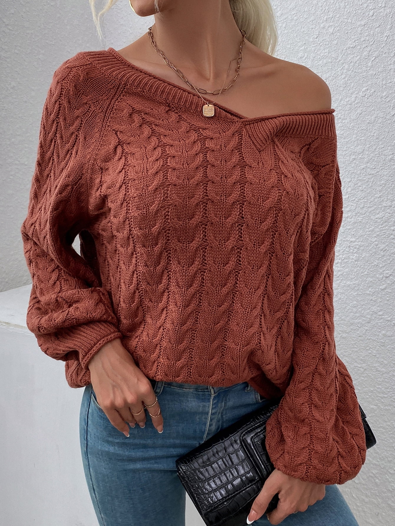 rust colored cable knit sweater
