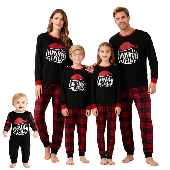 Christmas Family Pajamas Matching Set Hat Printed Pull on Top Plaid Pants Matching PJS Set