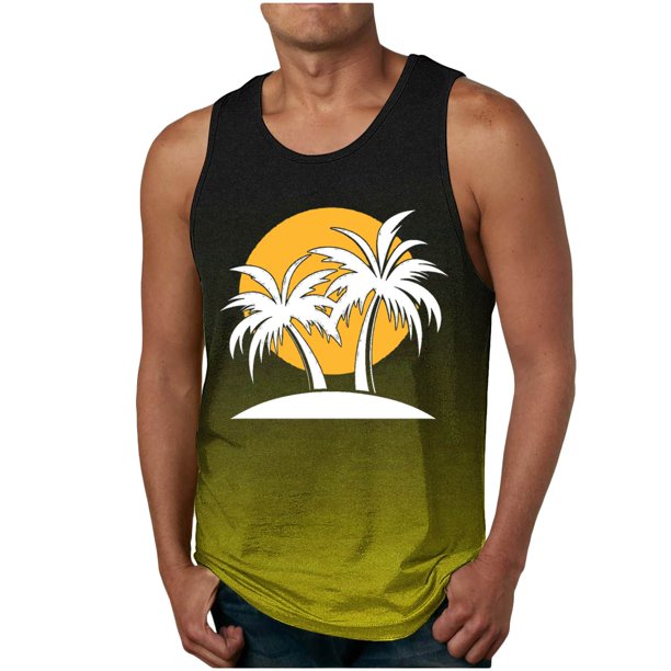 Camiseta sin mangas de cuello redondo para hombre, estampada, informal, deportiva, elástica, de moda, de poliéster.