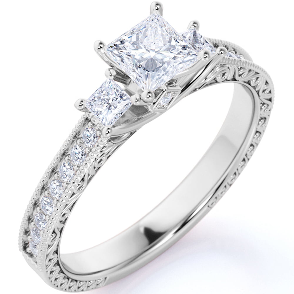 JeenMata Classic 1 Carat Princess Cut Moissanite - Vintage - Beaded - Three Stone - Victorian Engagement Ring in 18K White Gold over Silver