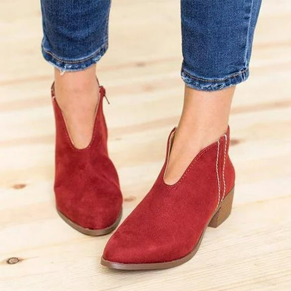 Rewenti Women Mid Heel Shoes Winter Warm Leopard Fashion Side Zipper Pointed Toe Casual Solid Color Ankle Boots Red 7.5(40)