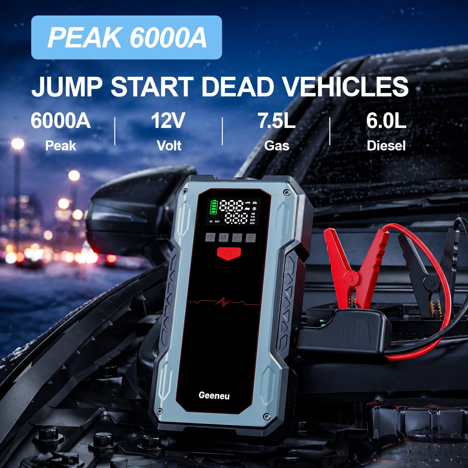Geeneu 6000A Jump Starter with Air Inflator & Deflator Compressor, 7-in-1 Portable 12V Car Battery Jump Box Power Pack for All Gas/12L Diesel Engine with 150PSI Tire Inflator & Extended Jumper Cable