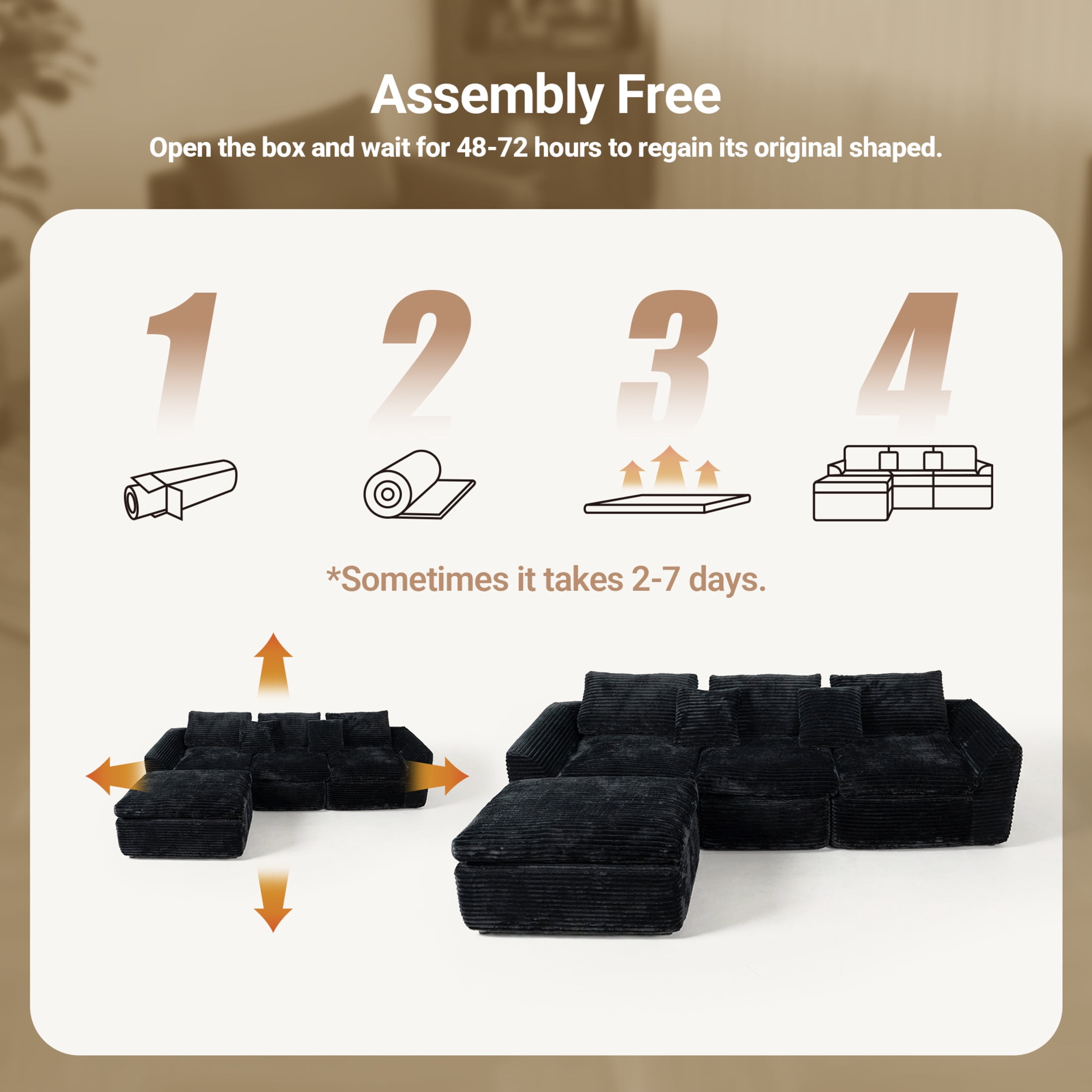 Noble House Quinley 108" Boneless Sponge Cloud Sofa, High-Density Foam Modular Corduroy Sectional, Living Room, Black