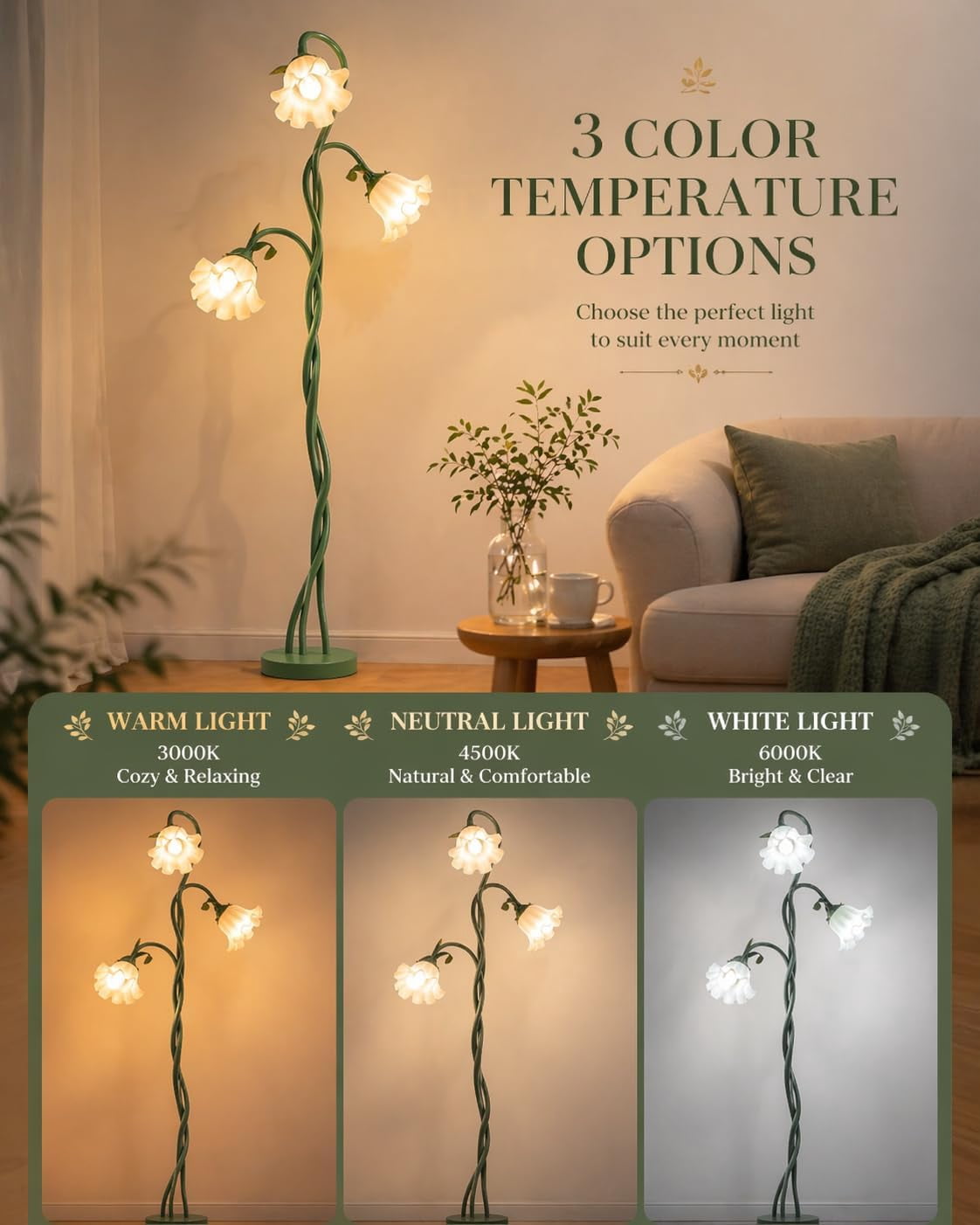 Flower Floor Lamp - Retirement Gift for Woman, LED Standing Lamp for Living Room 3 Color Modes Flexible Gooseneck Corner Light with LED Bulb for Home Bedroom Office Decor (Green)