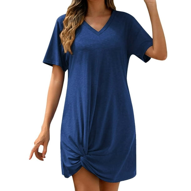 2025 Nuevo vestido de playa de verano con cuello en V, manga corta y nudo lateral - Minivestido informal para mujer - Tallas S-XXL
