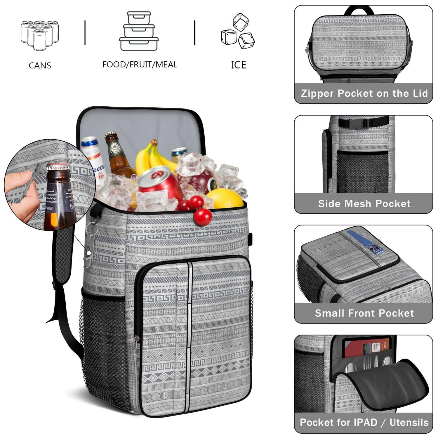Travel Cooler Bag - Boho Bohemia Pioneer Flower Geometric Line Art Camping Beer Cooler Backpack with Bottle Opener- Waterproof Insulated Picnic Backpacks - Cooler Bag for Beach