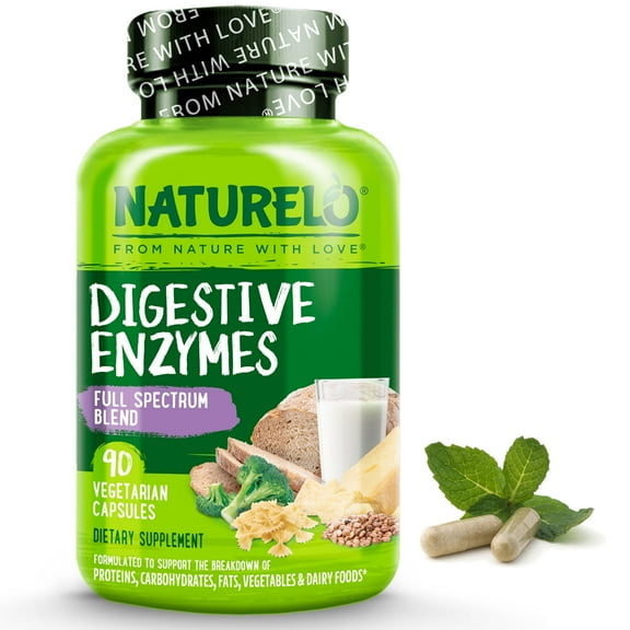 NATURELO Digestive Enzymes - Full Spectrum Support with a Broad Blend of 15 Enzymes Plus Ginger - 90 Vegan Capsules