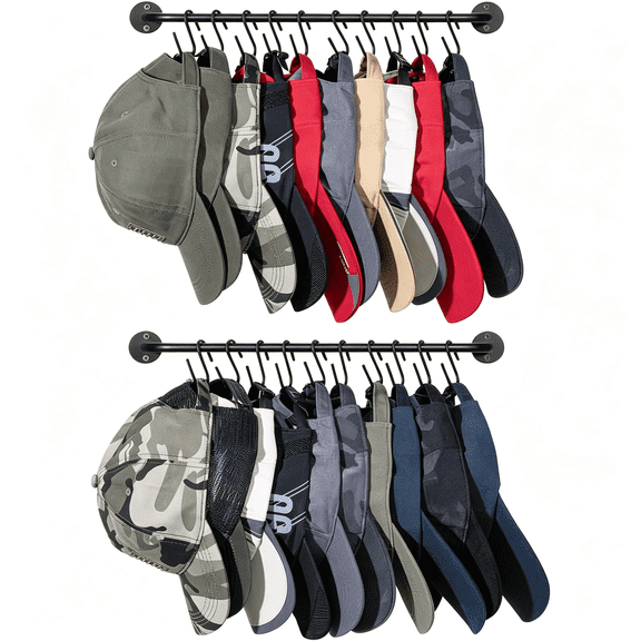 XIBUFE Hat Rack for Wall Baseball Cap Organizer Hanger with 20 Hooks Modern Metal Hat Holder Wall-Mounted Caps Display for Closet Door Bedroom Entryroom Laundry,Set of 2 Black