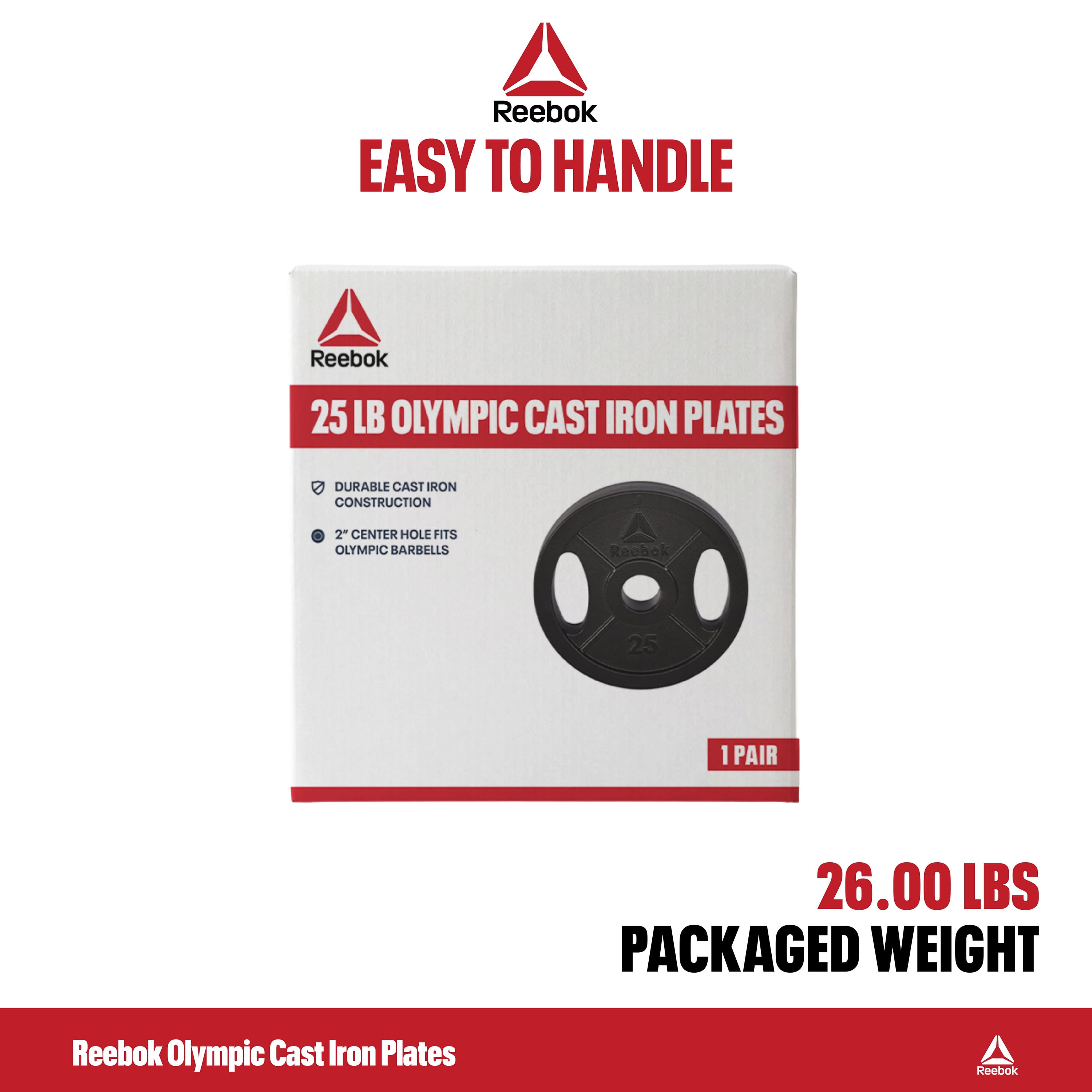 Reebok 25lb Olympic Cast Iron Precision Weight Plate with 2-Grip Handles for Strength Training