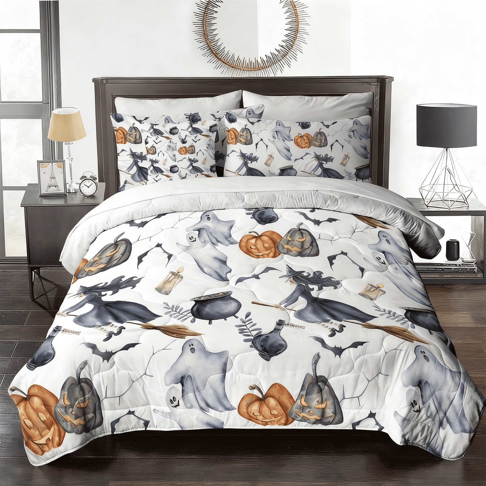 8-Piece Halloween Comforter Set Witch Pattern Bed-in-a-Bag with Sheet Shams Cushion Covers