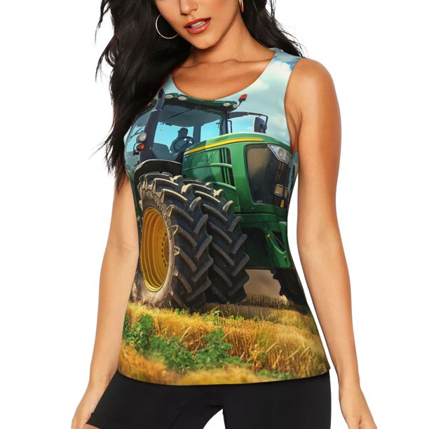 Fotbe Green Tractor Field Blusas Sin Mangas para Mujer – Estilo Casual, Corte Suelto, Slim-Fit, Cuello Redondo Deportivo, Tops de Verano para Gimnasio y Yoga-Small