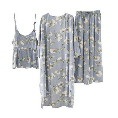 

Women Floral Print Pajamas Set Long Sleeve Cardigan+Sleeveless Vest+Pants Sleepwear