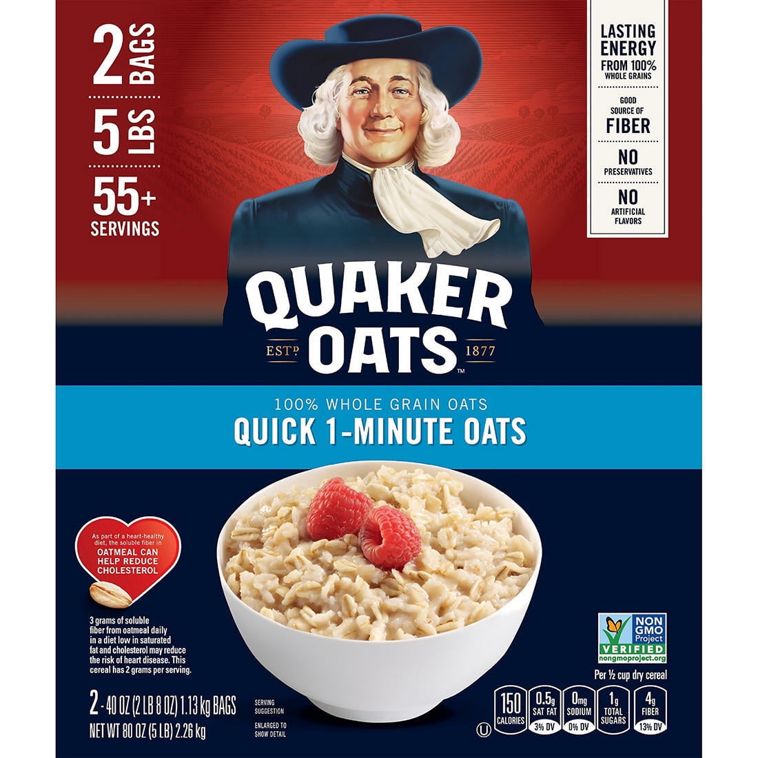 Quaker Oats 100% Natural Flavor Whole Grain Quick 1 Minute Oats 2 Pk ...