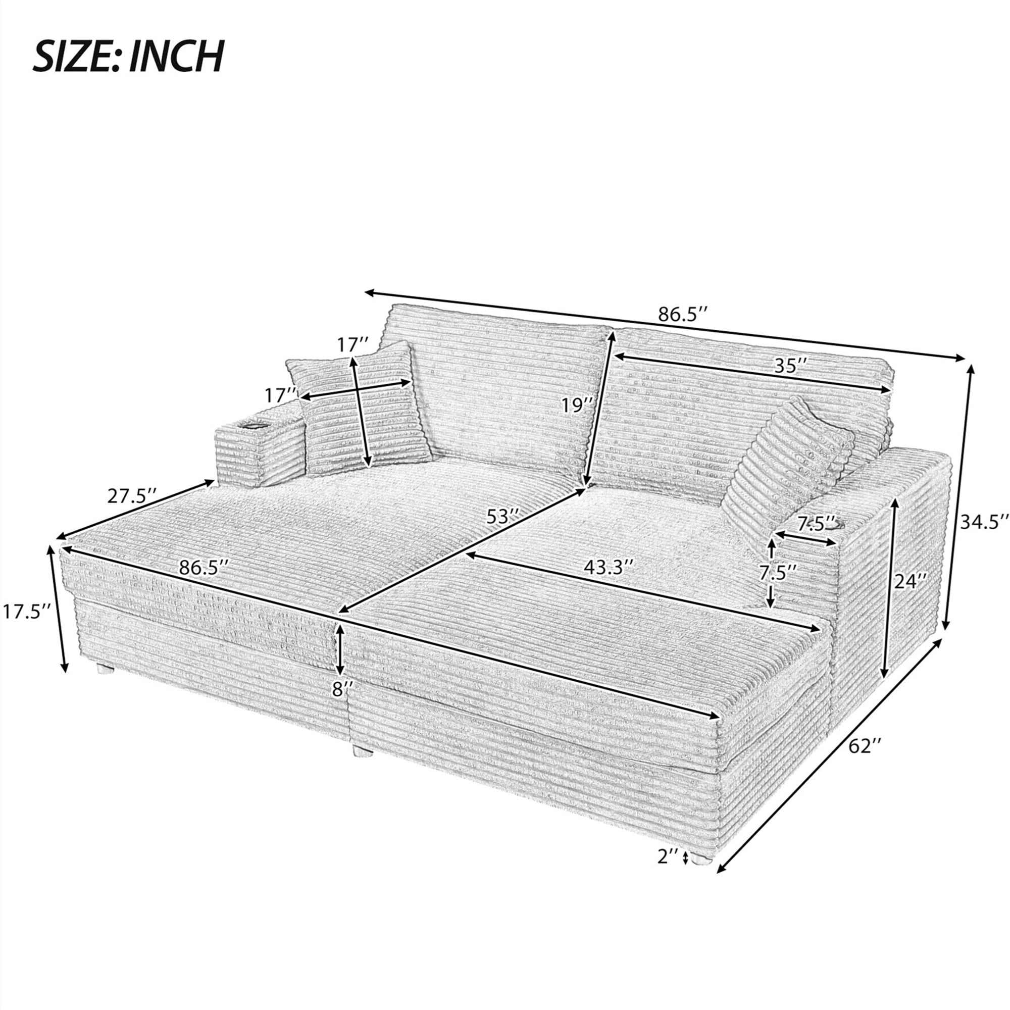 Aukfa 87" Double Chaise Oversized Sofa Bed with USB Ports&Cup Holder for Living Room, 2 Pillows, Corduroy, Black