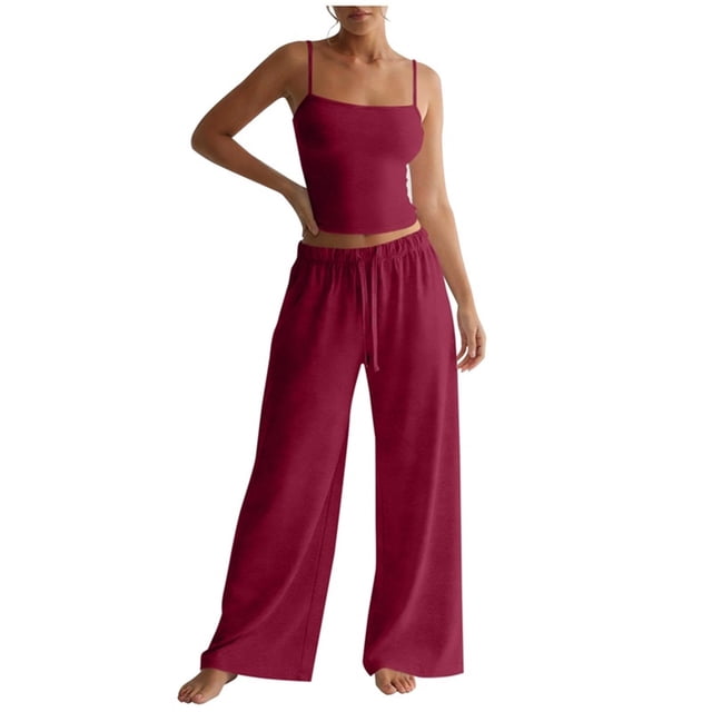 Pantalones Blancos Flare para Mujeres Estilo Color Sólido Suelto Apretado Cintura Cuello Redondo Tirar Cuerda Eslinga Cami Superior Y Pantalones de Cilindro Recto Conjunto de Medias de Encaje Blanco