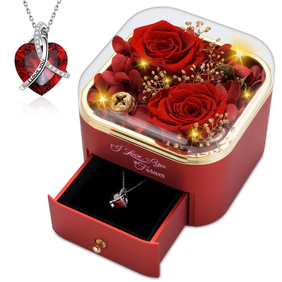 AuraBrillyn Preserved Red Rose with Heart Necklace, Eternal Rose Jewelry Box Gifts for Mom, Wife, Girlfriend, Women, Anniversary, Birthday, Valentine’s Day, Mother’s Day(Red) C113