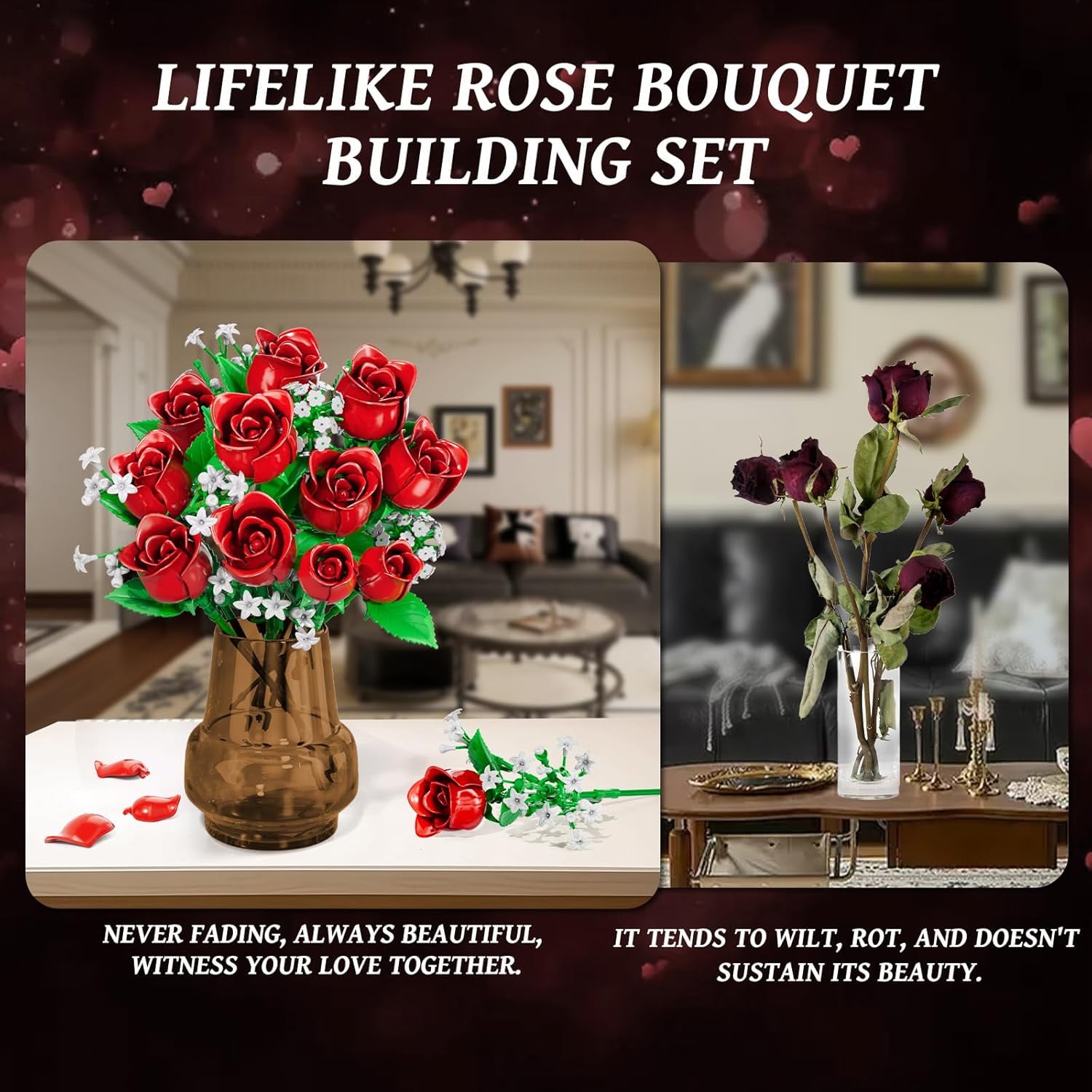 OKKIDY Red Rose Flowers Bouquet Building Kit, Compatible with Lego, 15 ABS Material Artificial Flowers, Forever Rose Toy Valentine's Day Gift for Women Girls Adults Kids 6+, No Vase