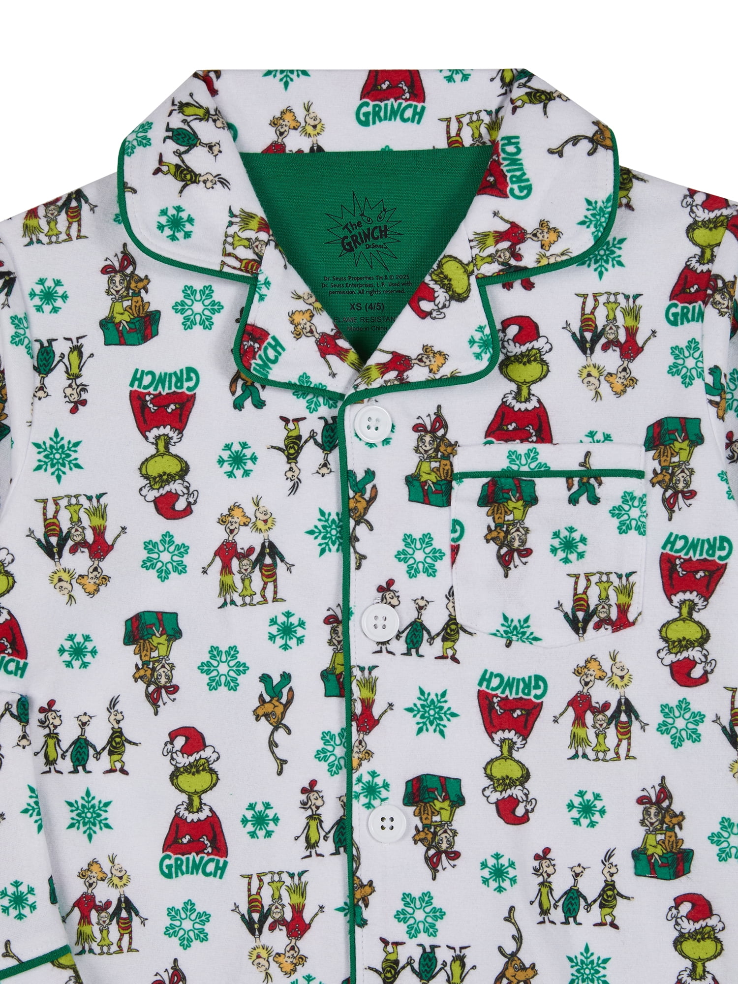 The Grinch Christmas Boys Notch Collar Top and Sleep Pants Pajama Set, 2-Piece, Size XS
