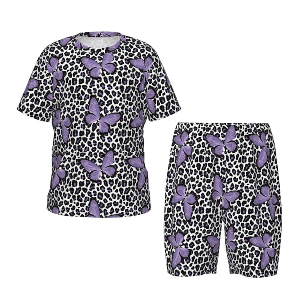 Balery Purple Butterflies Conjunto de Pijama Infantil de Manga Corta con Estampado – Ropa de Dormir de Algodón Suave-X-Large
