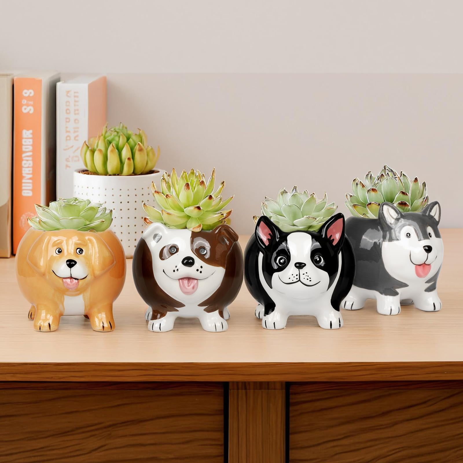 BUYMAX 4-Pack 4 inch Ceramic Dog Planters, Mini Succulent Pots Gift for Dog Lovers