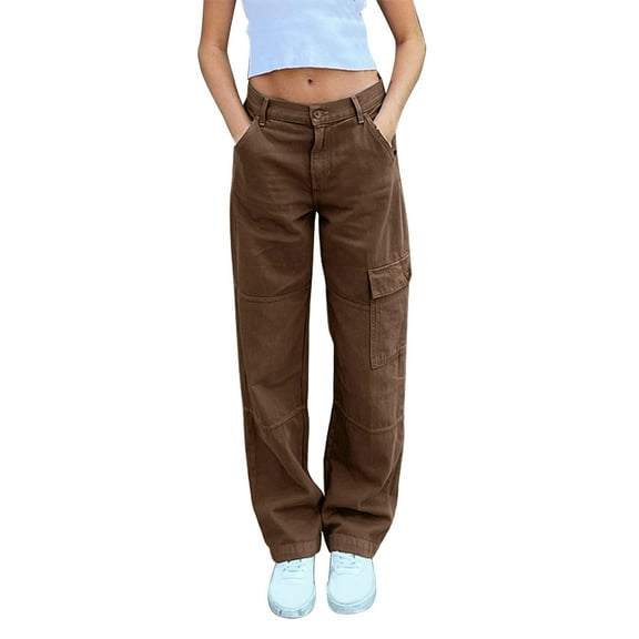 vigerkar Women High Waisted Cargo Pants Wide Leg Casual Jeans 4 Pockets Trousers Brown, S
