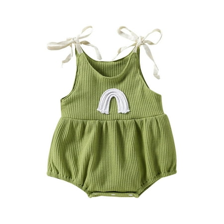 

Qtinghua Newborn Baby Girl Knit Ribbed Romper Sleeveless Spaghetti Strap Rainbow Summer One Piece Bodysuit Green 6-12 Months