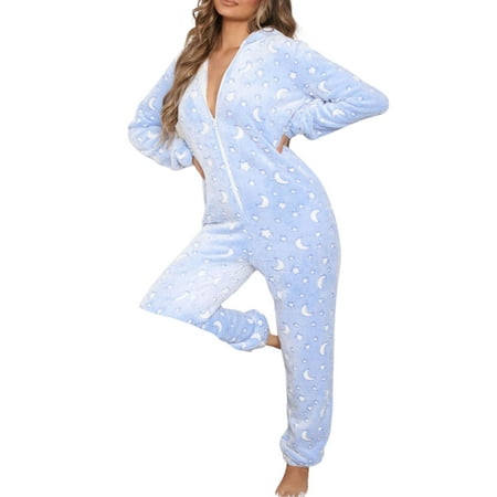 

CenturyX Christmas Women s Onesies Flannel Hoodie Pajama Long Sleeve Zipper Up Jumpsuit Warm Christmas Sleepwear Pjs Set Moon blue M