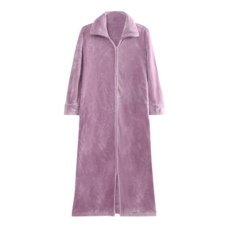 ladies zip front fleece dressing gown Feancey Up Robes for Women Long Casual Lapel Winter Nighrgowns Cozy Fuzzy Warm Sleepwear Fashion Zipper Thermal Robe Sales Today Purple XL back_in_stock_uk