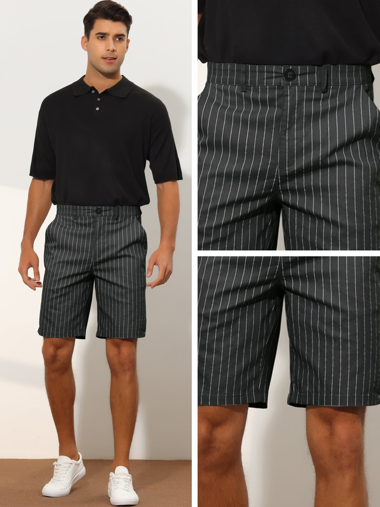 Unique Bargains Men's Striped Dress Shorts Regular Fit Business Chino Shorts 32 Black