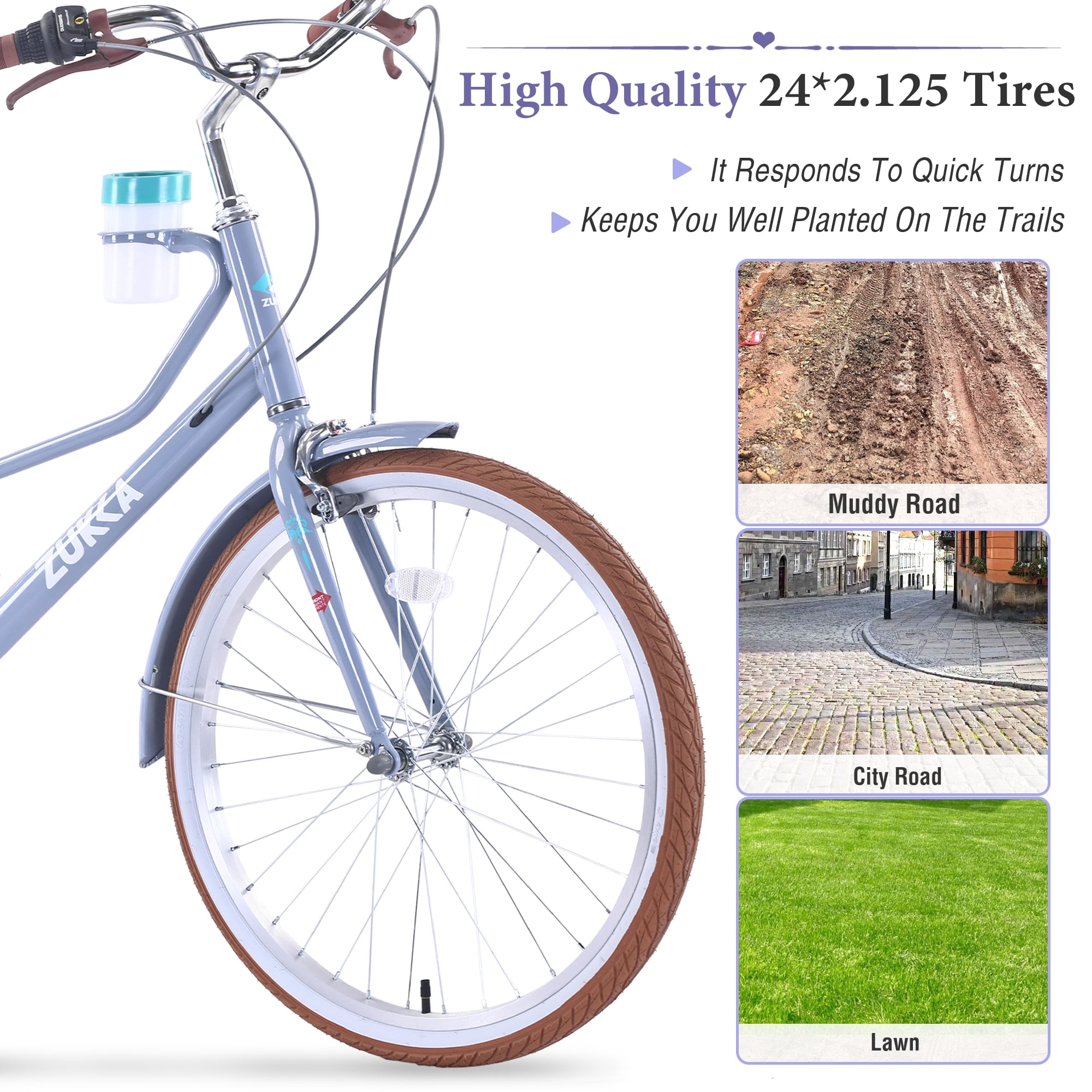 24 Inch Women's Cruiser Bike, 6 Speed Step-Through Commuter Bicycle with Rear Rack & Cup Holder, Adult City Bike