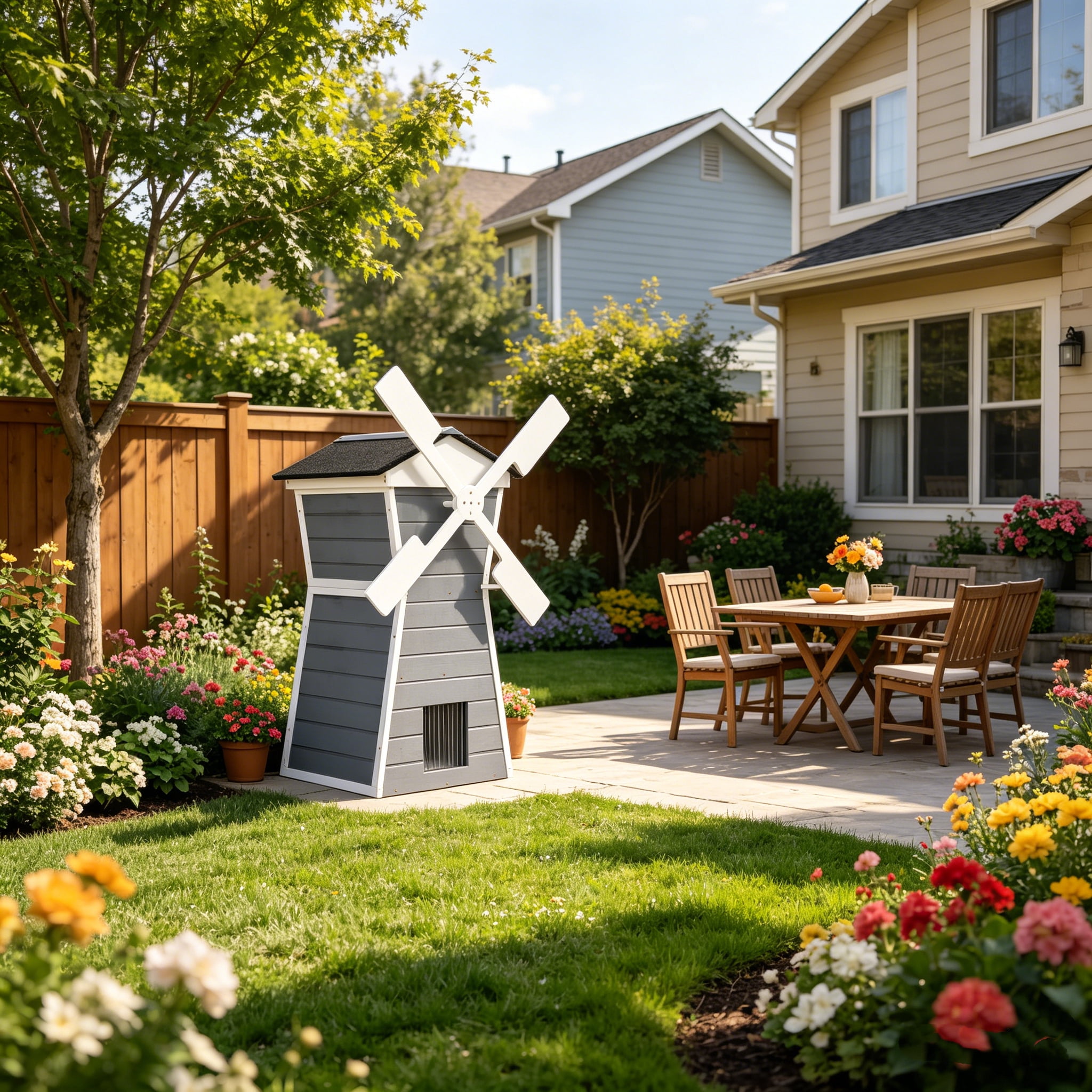 Coziwow Outdoor Cat House, Two-Story Windmill-Shaped Kitty Enclosure with Waterproof Roof, Viewing Platform for Porch or Garden