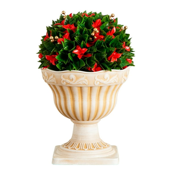 Nearly Natural 22in. UV Resistant Artificial Red Tip Photinia Christmas Ball in Classic Decorative Planter (Indoor/Outdoor)