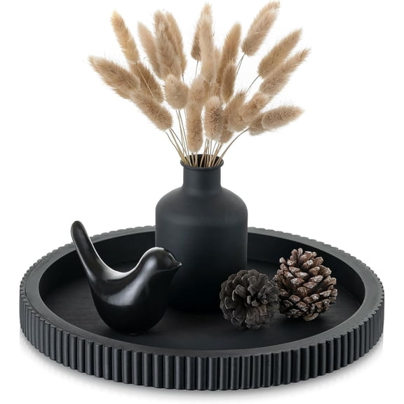 Decorative Tray for Coffee Table: 12" Black Round Centerpiece Tray for Home Decor - Wood Modern Farmhouse Decor for Living Dining Room Kitchen Island Tabletop